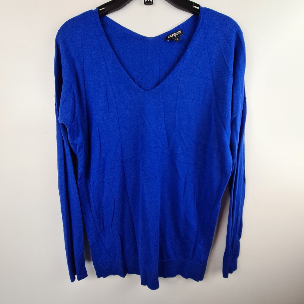 Express Womens Royal Blue V-Neck Cashmere Blend Pullover Sweater Size S Small